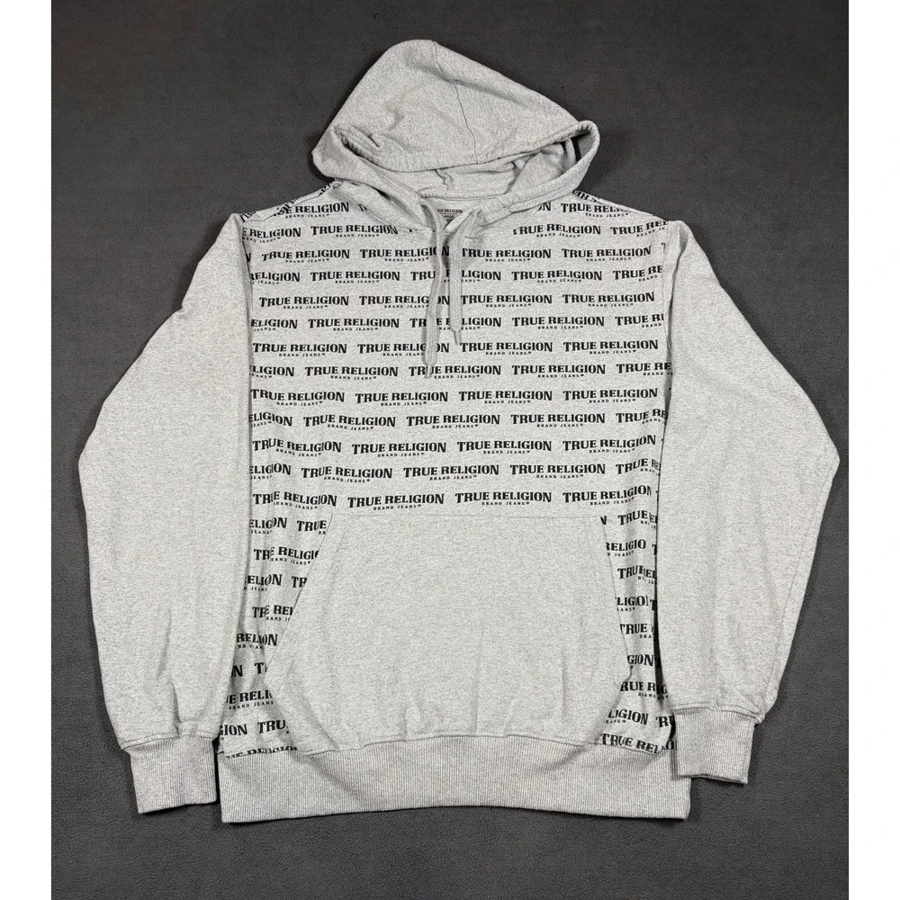 True Religion Hoodie Mens Large Gray Logo Print Pullover